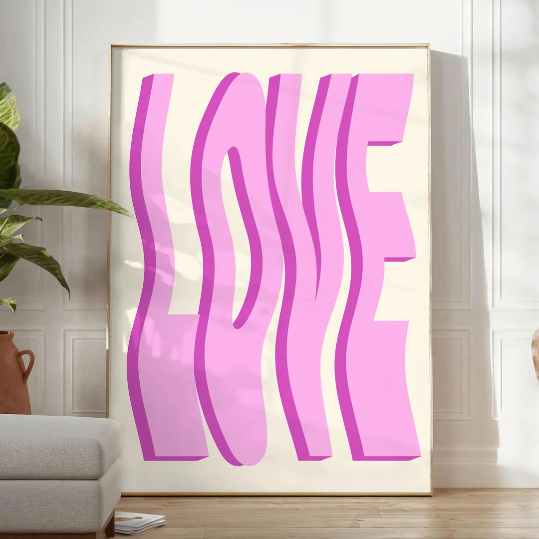 Abstract design featuring pink and purple hues with motivational text - in a bright minimalist room with a plant and an armchair