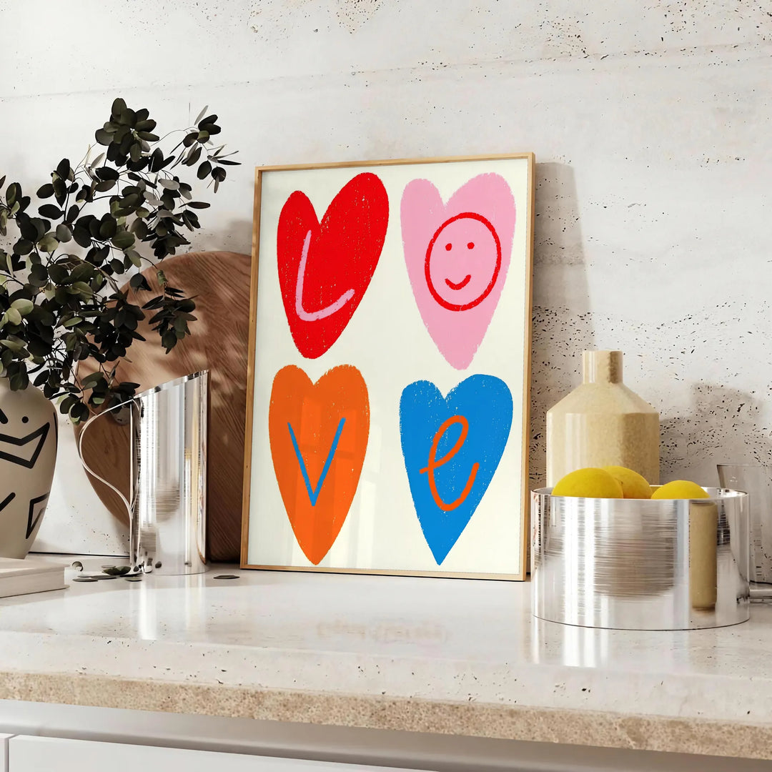 Abstract representation of love in blue and orange hues - styled on a counter with eucalyptus and a bowl of lemons