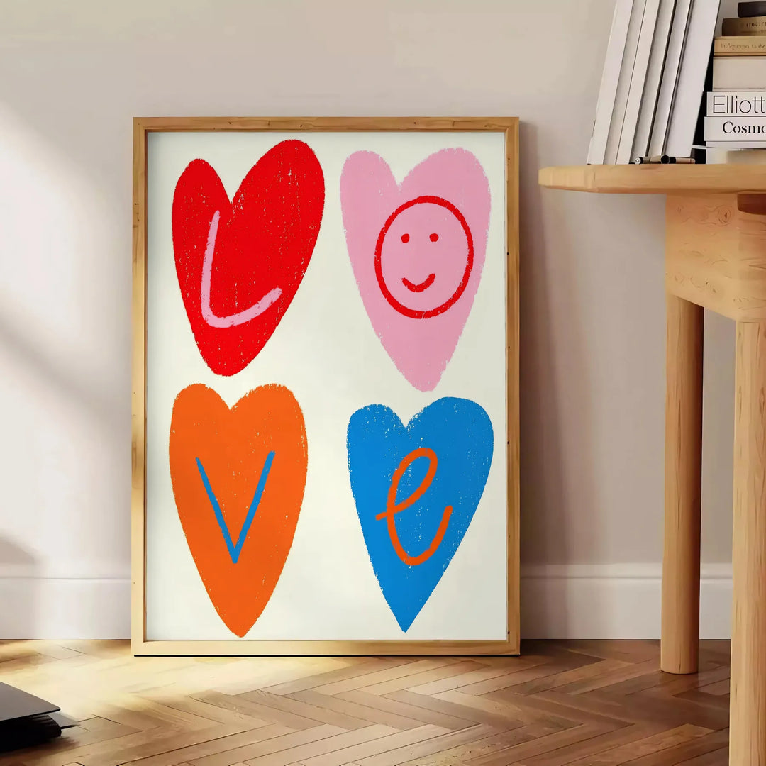 Abstract representation of love in blue and orange hues - beside a round wooden side table with books