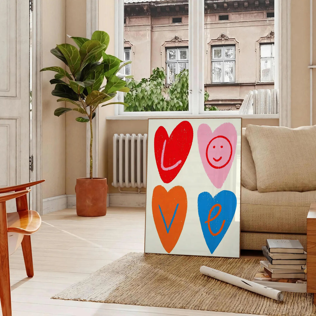 Abstract representation of love in blue and orange hues - in a Parisian living room with a sofa and a fig plant