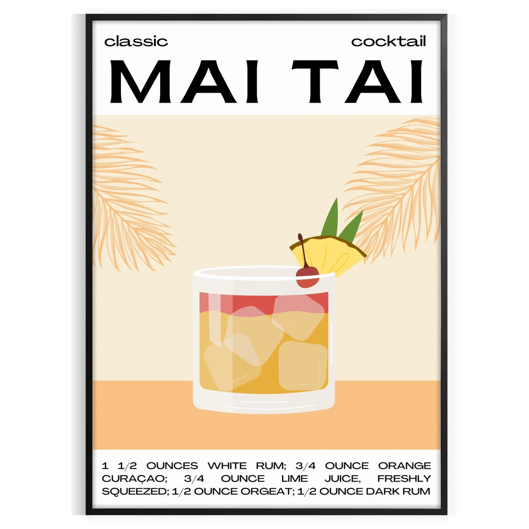 Illustration of a Mai Tai cocktail with tropical elements and yellow-black color scheme