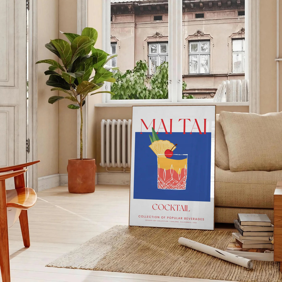 A colorful Mai Tai cocktail surrounded by tropical leaves and fruit - in a Parisian living room with a sofa and a fig plant