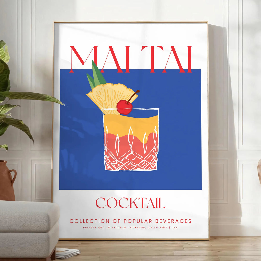 A colorful Mai Tai cocktail surrounded by tropical leaves and fruit - in a bright minimalist room with a plant and an armchair