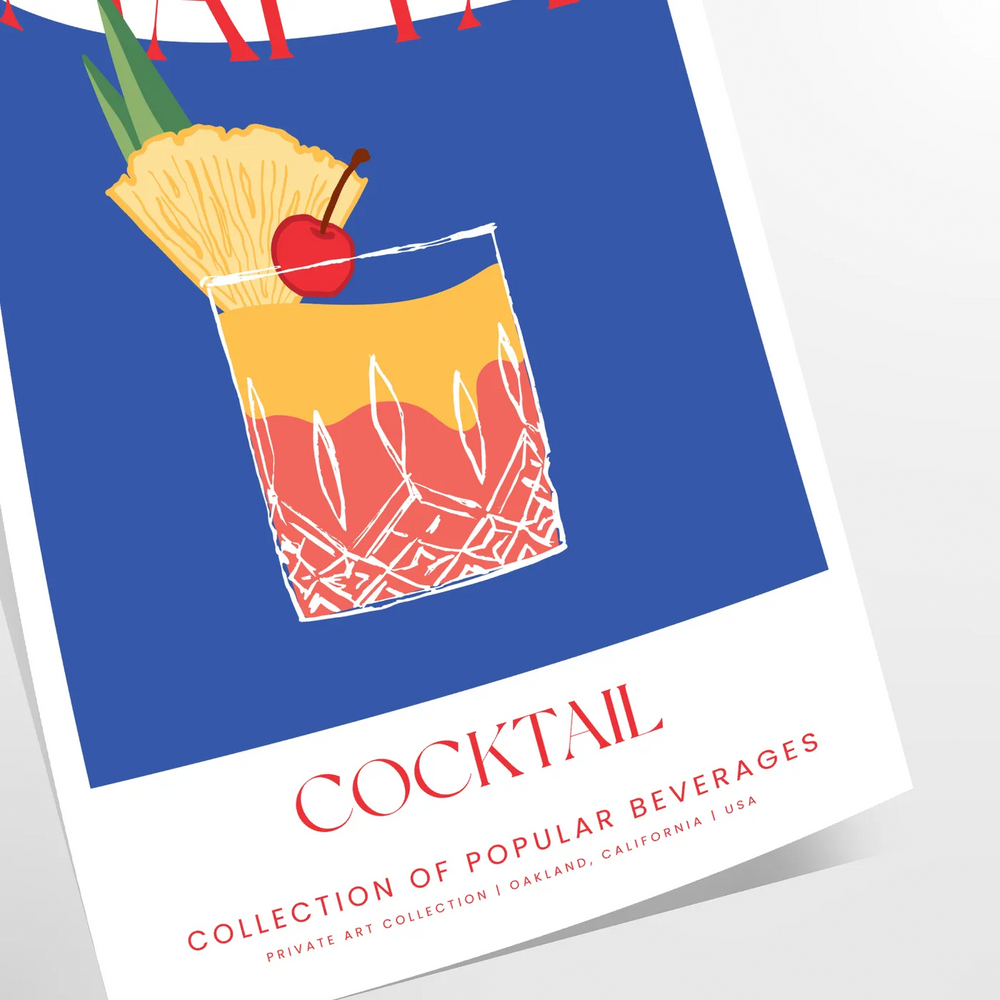 A colorful Mai Tai cocktail surrounded by tropical leaves and fruit