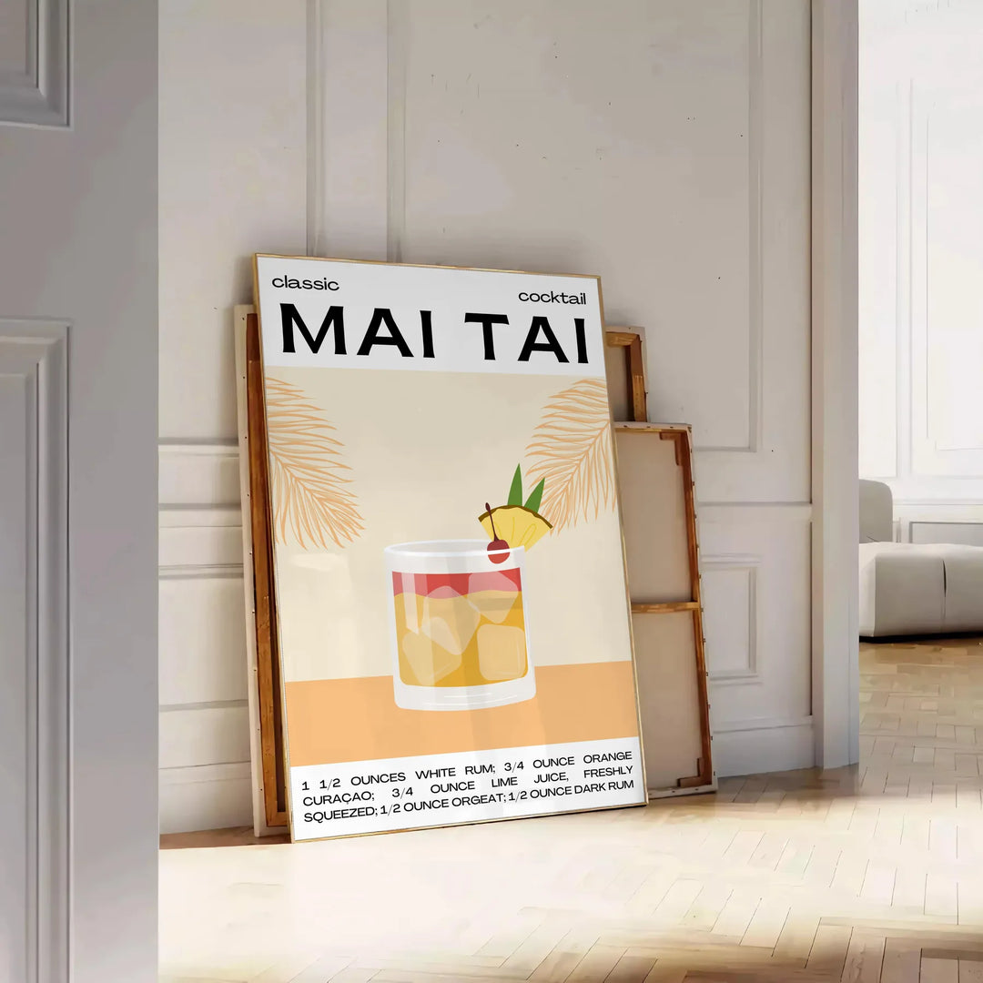 Illustrazione di un cocktail Mai Tai con elementi tropicali e una palette di colori giallo e nero - appoggiato su un pavimento a spina di pesce contro una parete a pannelli