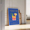 Mai Tai cocktail illustration with green and blue hues - leaning on a herringbone floor against a white panelled wall