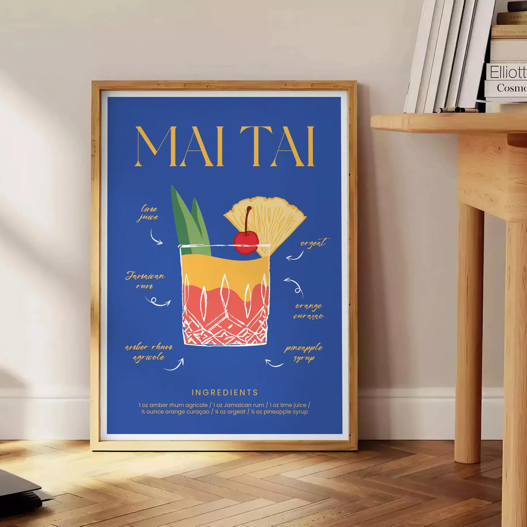 Mai Tai cocktail illustration with green and blue hues - beside a round wooden side table with books
