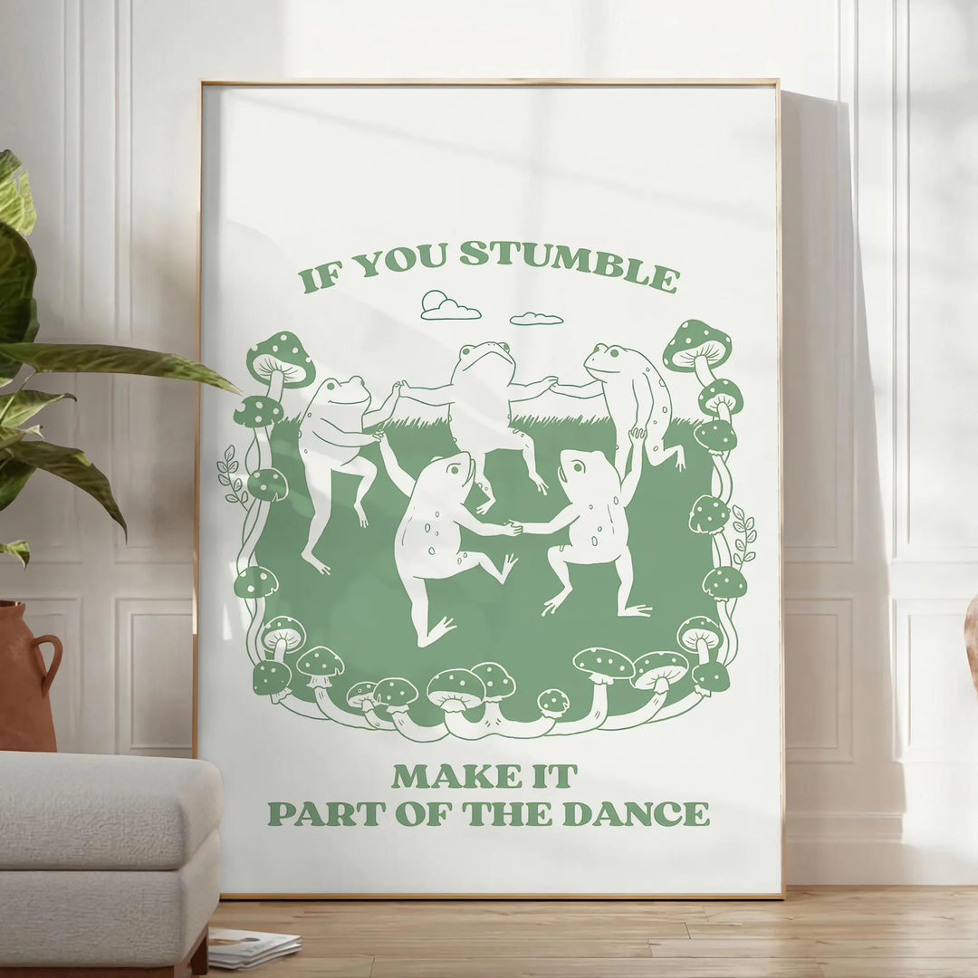 Design abstrait avec des formes vertes et blanches, inspiré par les mouvements de danse - dans une pièce lumineuse épurée avec plante et fauteuil