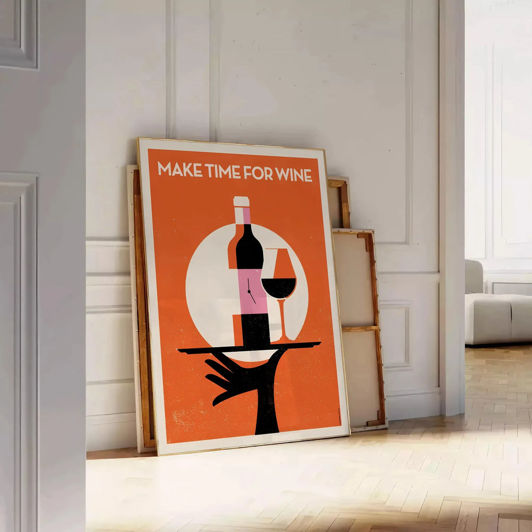 Cocktail-themed artwork featuring wine glasses in a minimalist style with black and brown tones - leaning on a herringbone floor against a white panelled wall