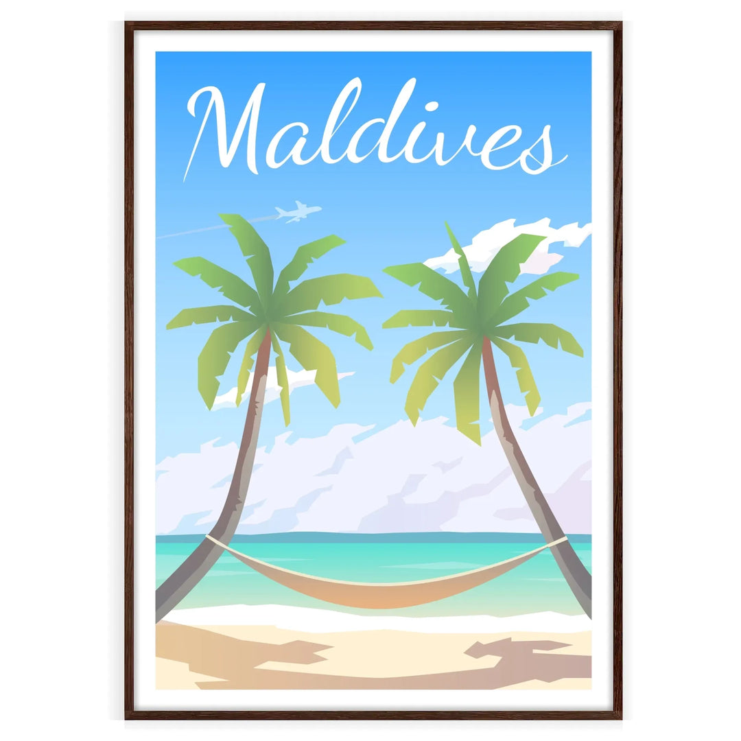 Tropical landscape of the Maldives with serene greens and tranquil blues - in a walnut frame
