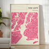 Stylized map of New York City in black and gray tones - in a bright minimalist room with a plant and an armchair