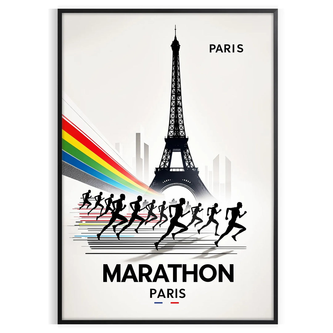 Stylized illustration of marathon runners against the Paris skyline