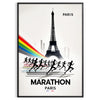 Stylized illustration of marathon runners against the Paris skyline - in a black frame