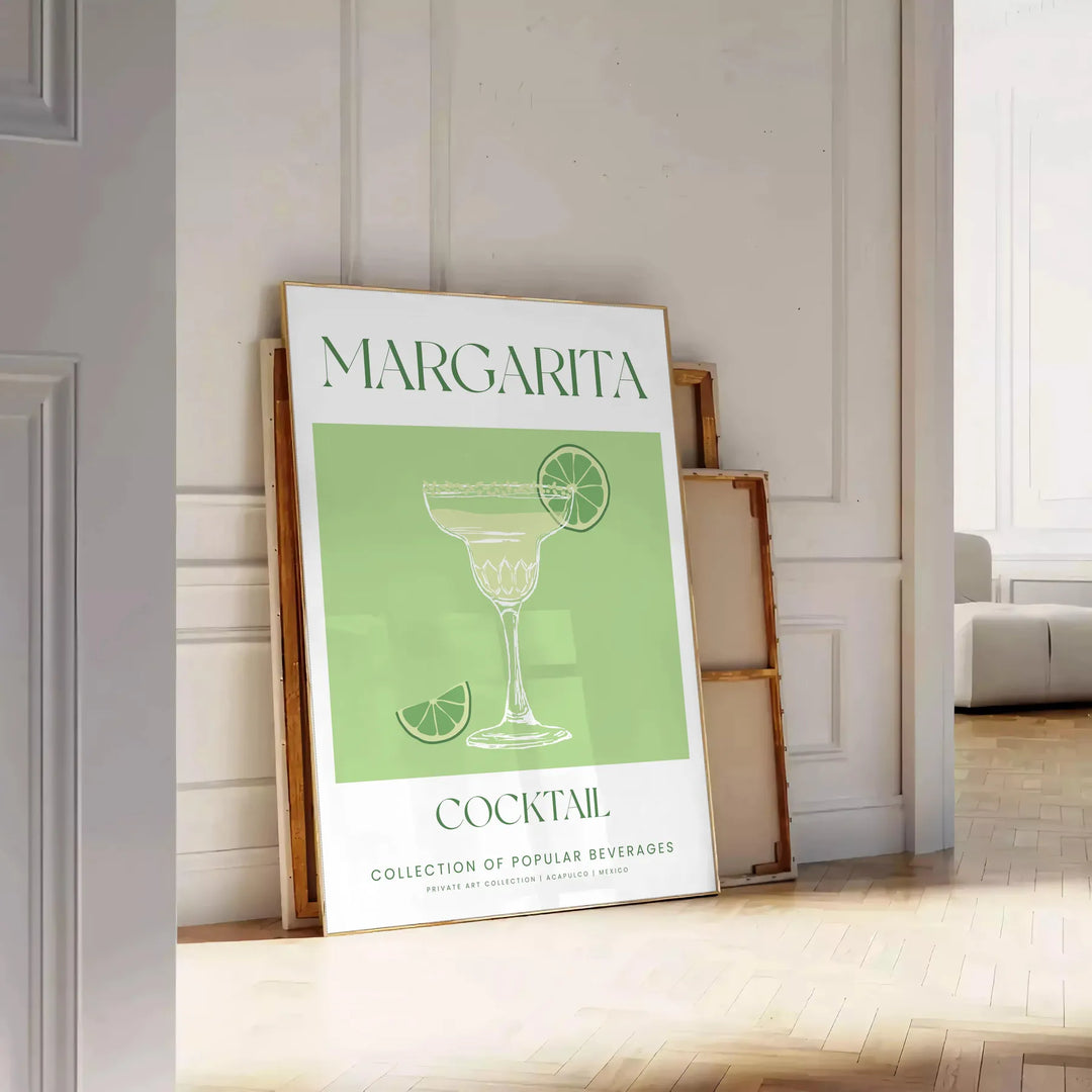 Uma ilustração colorida de um coquetel margarita com tons verdes e brancos - encostado num chão de espinha contra uma parede de painéis