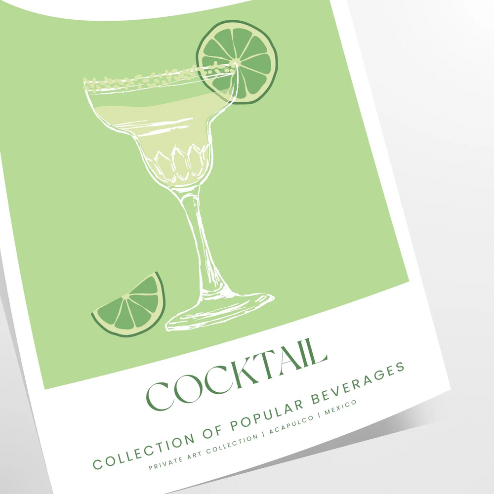 A colorful illustration of a margarita cocktail with green and white hues