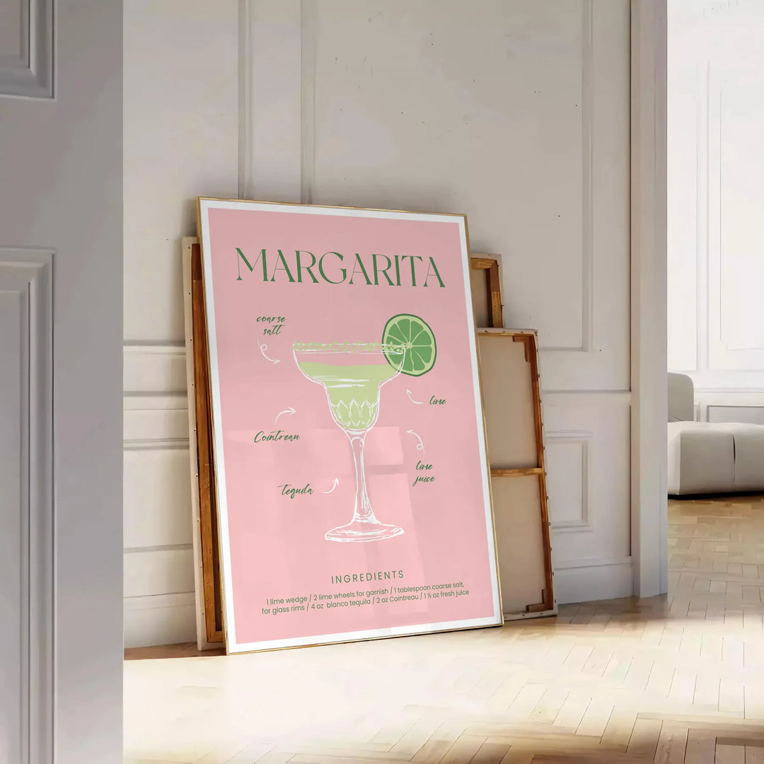 Uma ilustração colorida de um coquetel Margarita com tons verdes e laranjas - encostado num chão de espinha contra uma parede de painéis