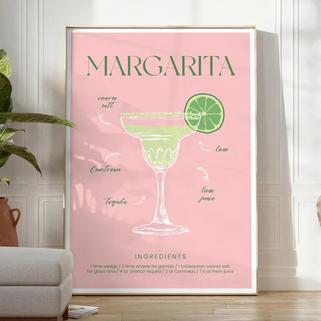 Uma ilustração colorida de um coquetel Margarita com tons verdes e laranjas - num quarto luminoso e minimalista com planta e poltrona