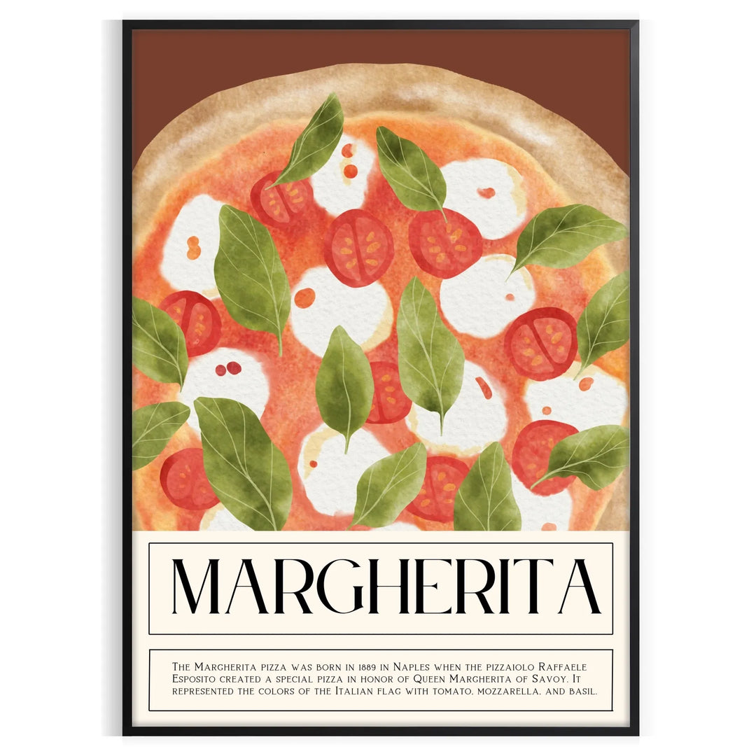 A colorful Margherita pizza illustration with fresh basil on a wooden table