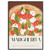 A colorful Margherita pizza illustration with fresh basil on a wooden table - in a black frame