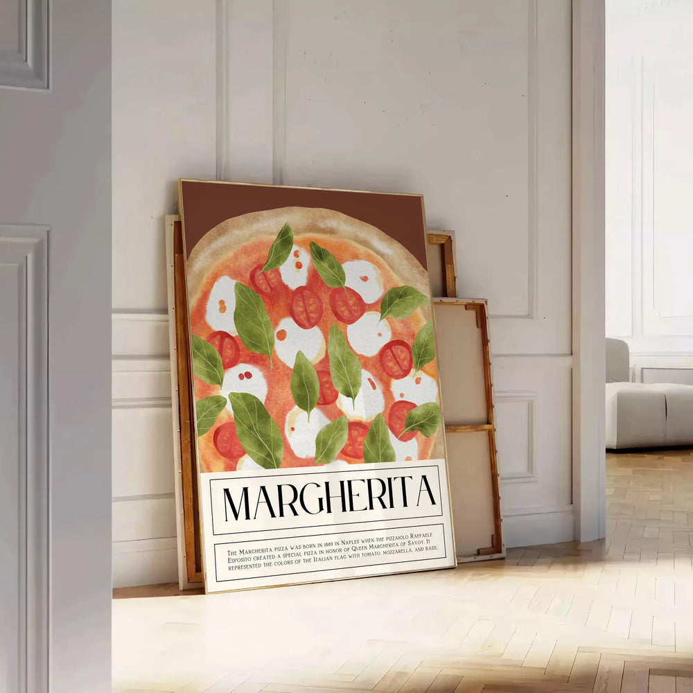 A colorful Margherita pizza illustration with fresh basil on a wooden table