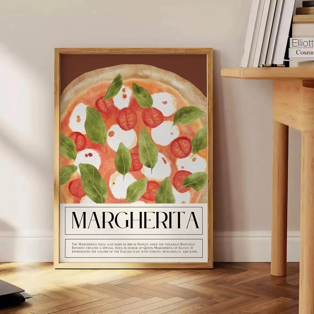 A colorful Margherita pizza illustration with fresh basil on a wooden table - beside a round wooden side table with books