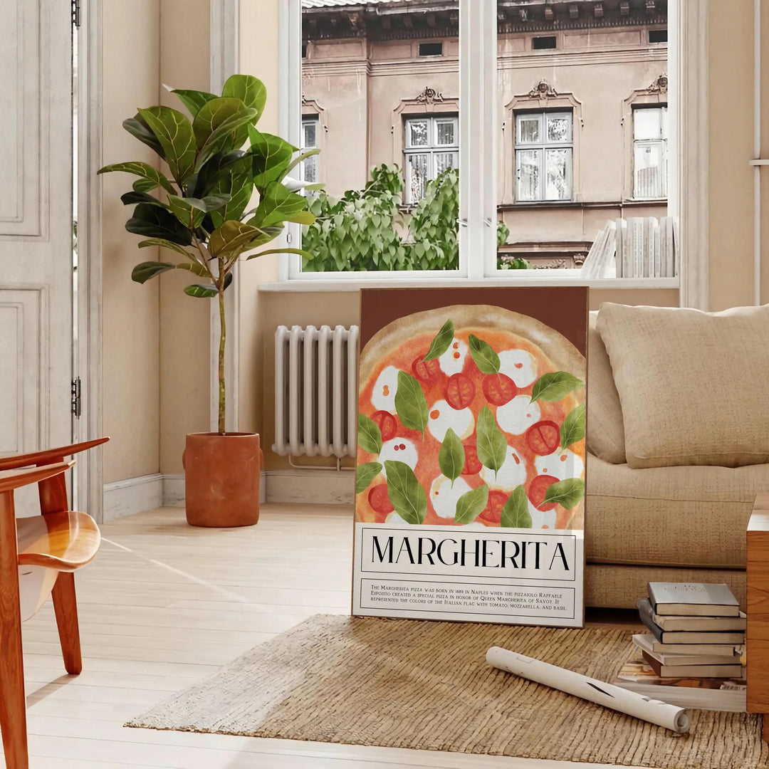 A colorful Margherita pizza illustration with fresh basil on a wooden table - in a Parisian living room with a sofa and a fig plant