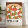 A colorful Margherita pizza illustration with fresh basil on a wooden table - in a bright minimalist room with a plant and an armchair
