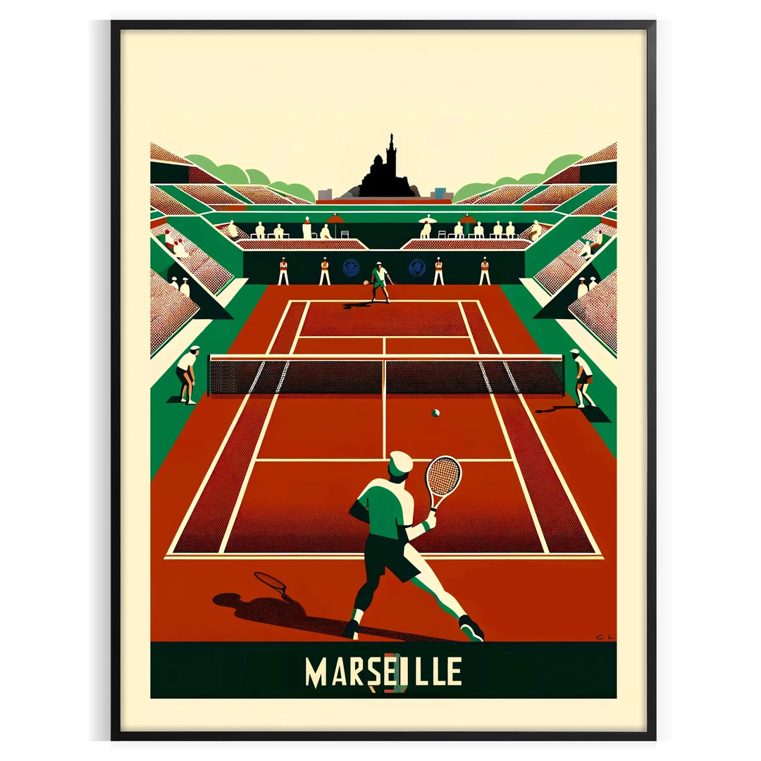 Art Deco style tennis scene featuring Marseille with muted colors