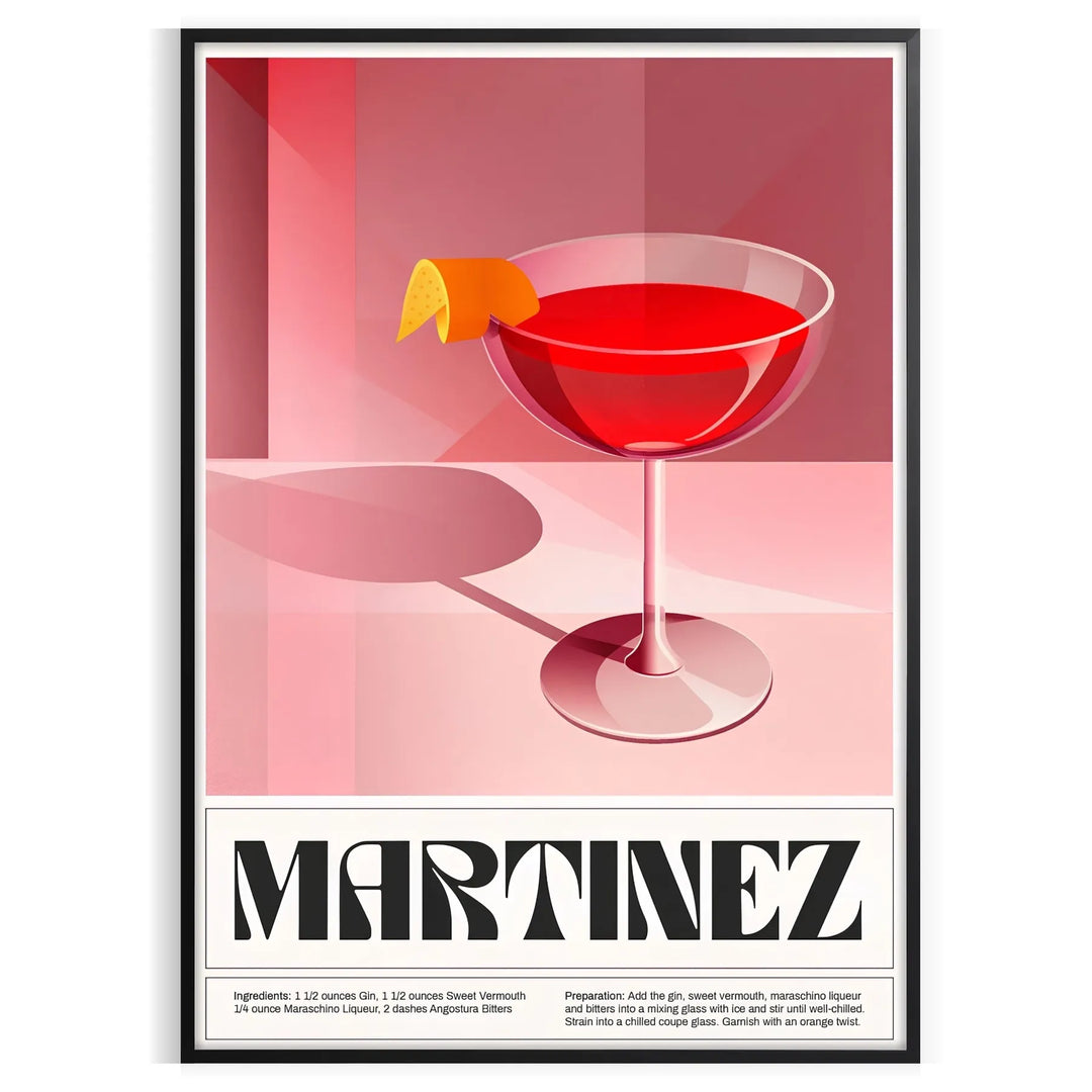 Illustration of a Martinez cocktail in a sleek black and brown design