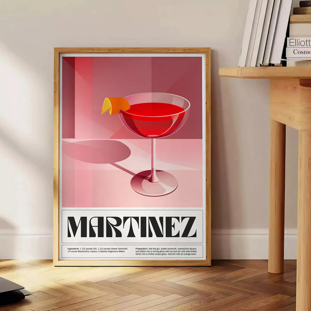 Illustration of a Martinez cocktail in a sleek black and brown design - beside a round wooden side table with books