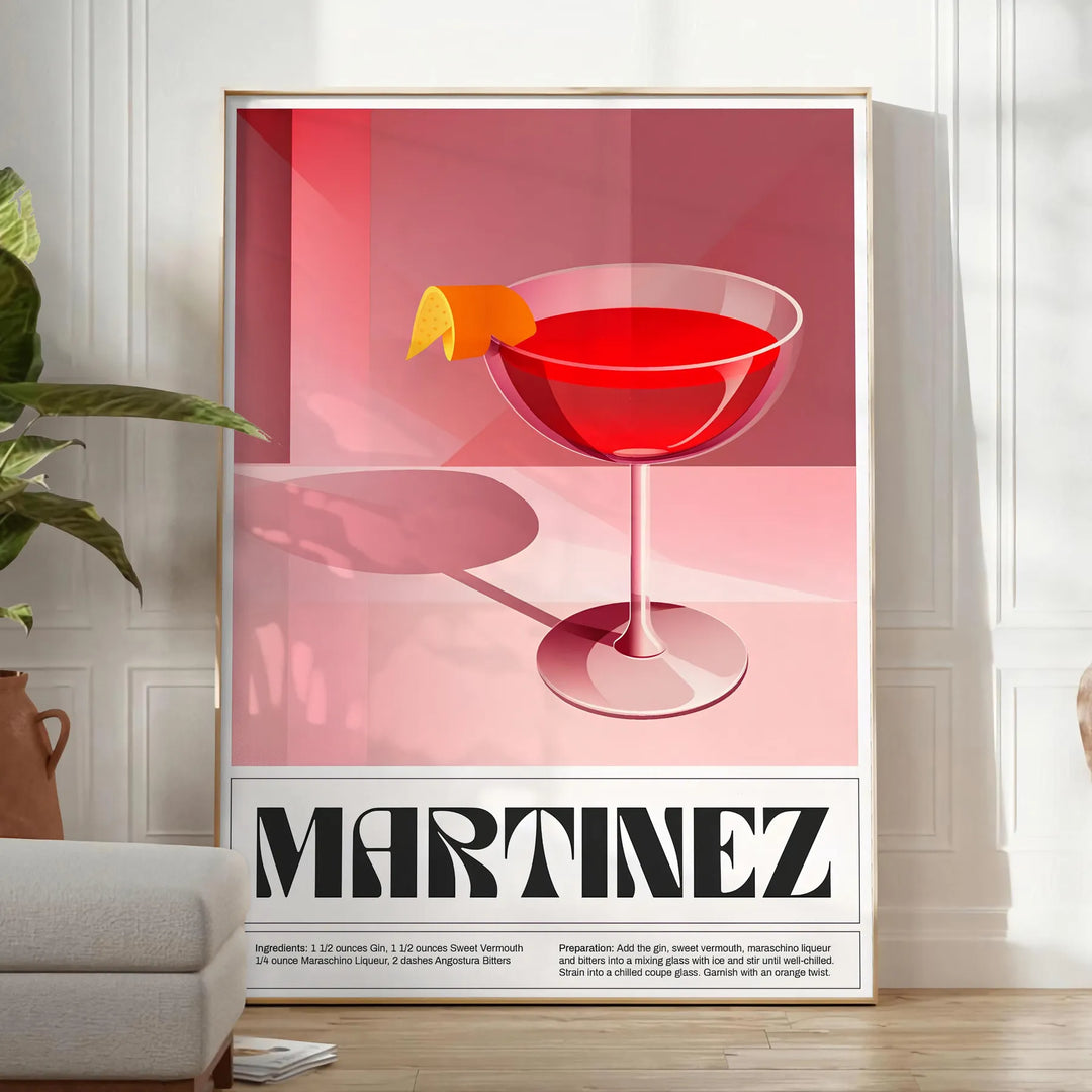 Illustration of a Martinez cocktail in a sleek black and brown design - in a bright minimalist room with a plant and an armchair