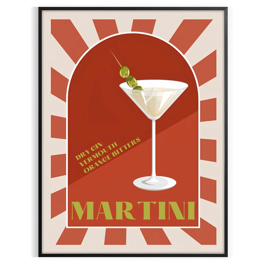 A colorful illustration of a martini cocktail with green and orange accents