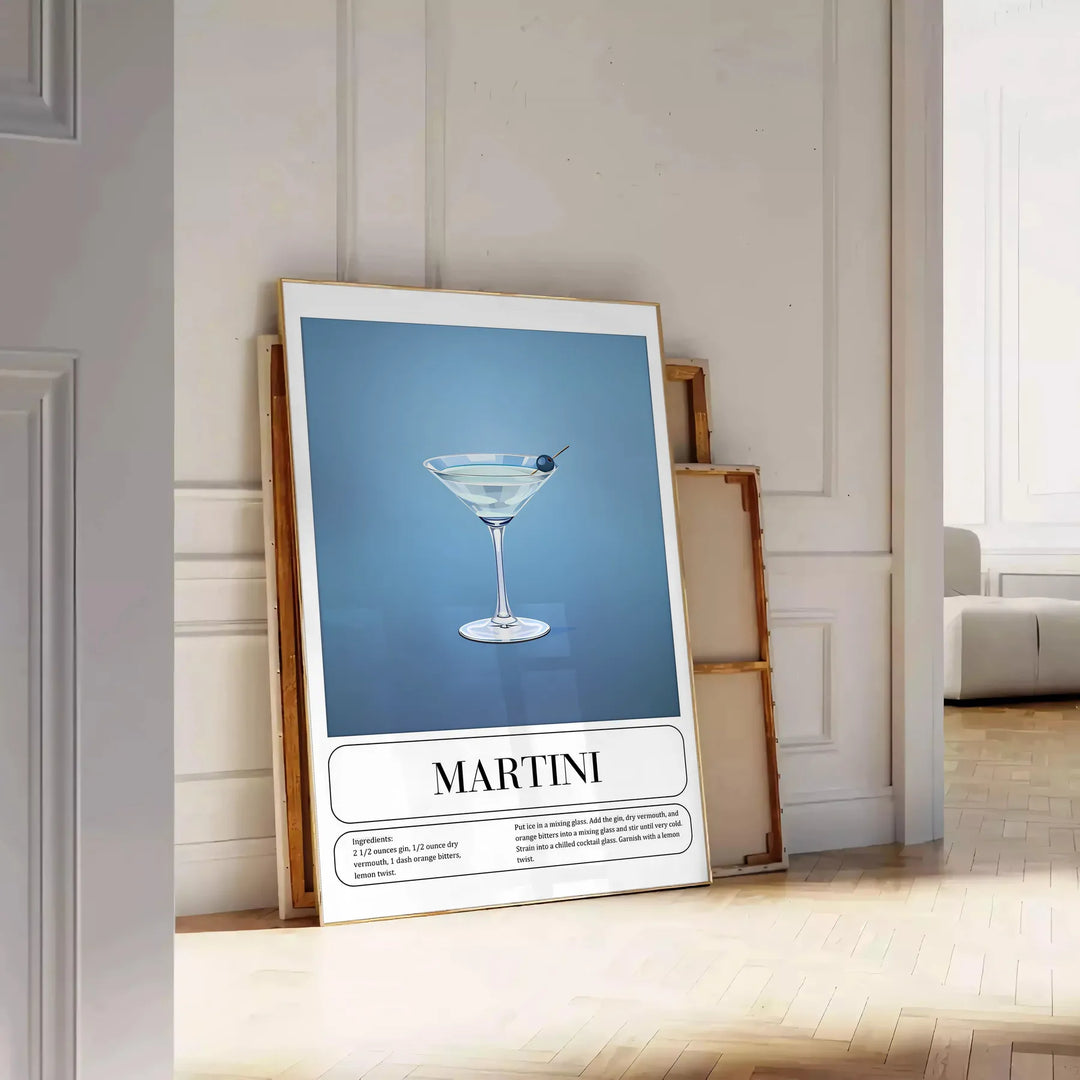 Illustration of a martini cocktail with a sleek black background and green accents - leaning on a herringbone floor against a white panelled wall