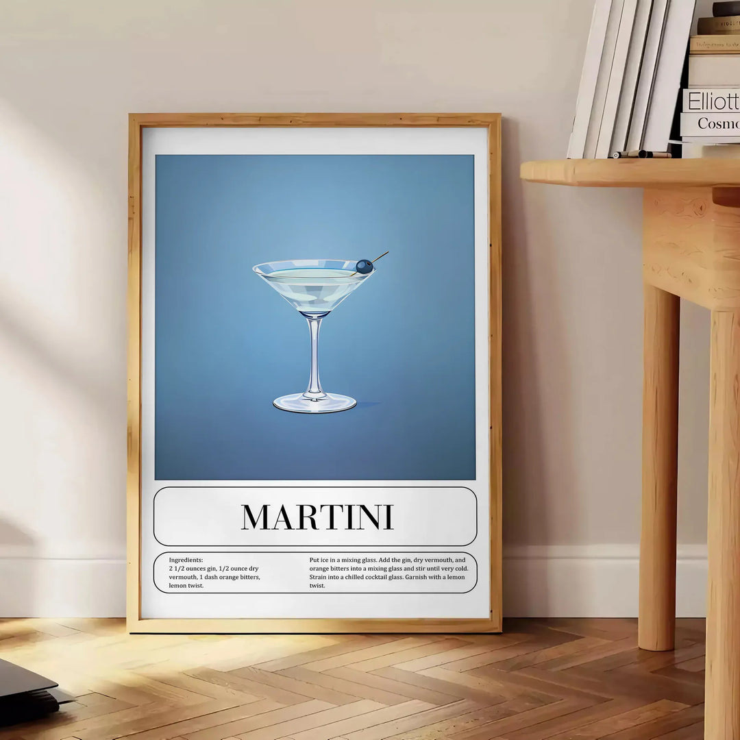 Illustration of a martini cocktail with a sleek black background and green accents - beside a round wooden side table with books