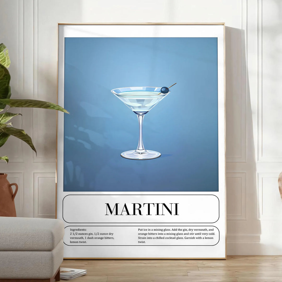 Illustration of a martini cocktail with a sleek black background and green accents - in a bright minimalist room with a plant and an armchair