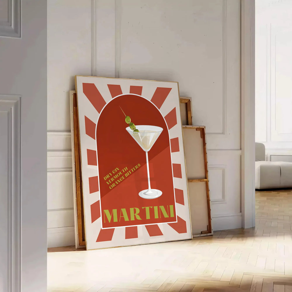 A colorful illustration of a martini cocktail with green and orange accents
