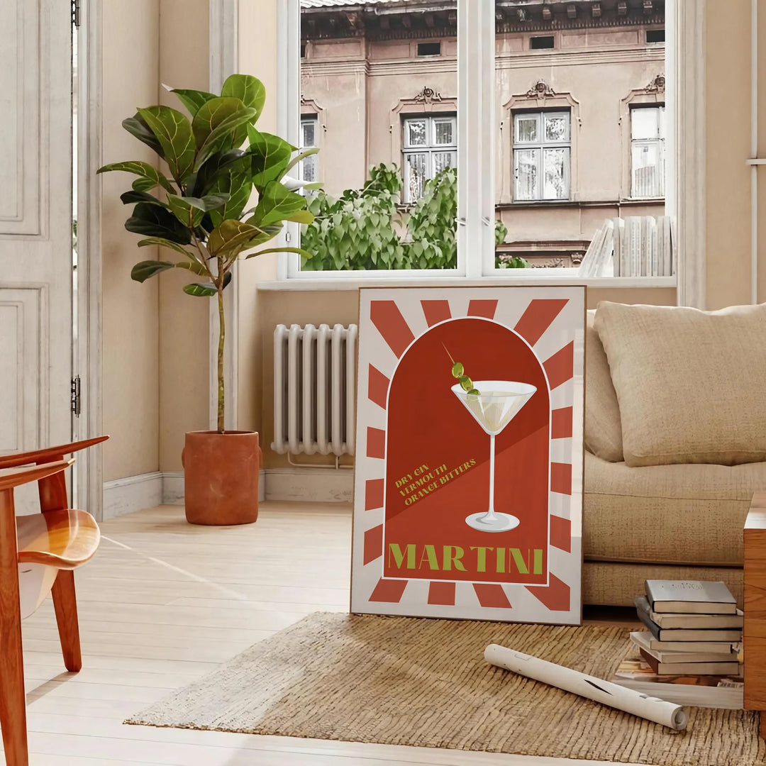 A colorful illustration of a martini cocktail with green and orange accents - in a Parisian living room with a sofa and a fig plant