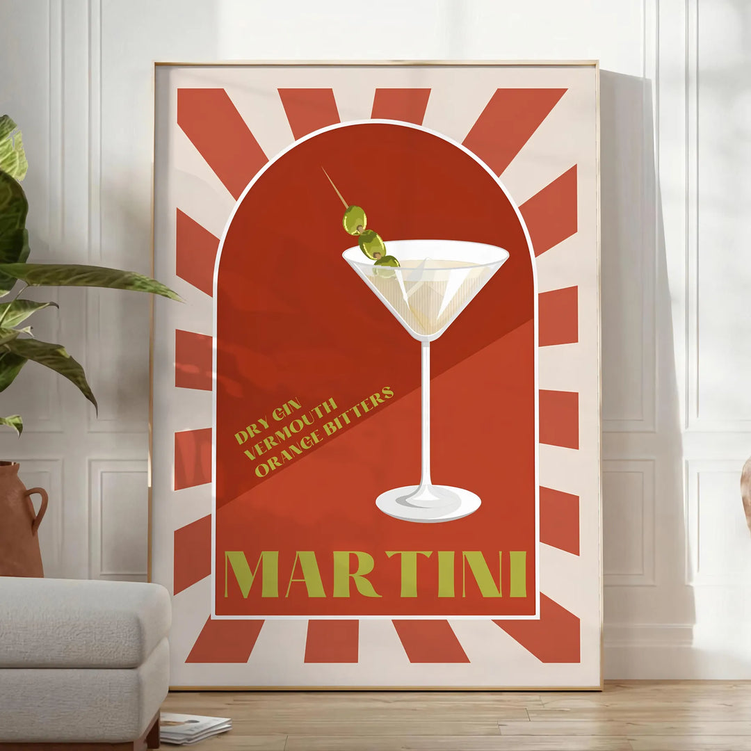 A colorful illustration of a martini cocktail with green and orange accents - in a bright minimalist room with a plant and an armchair