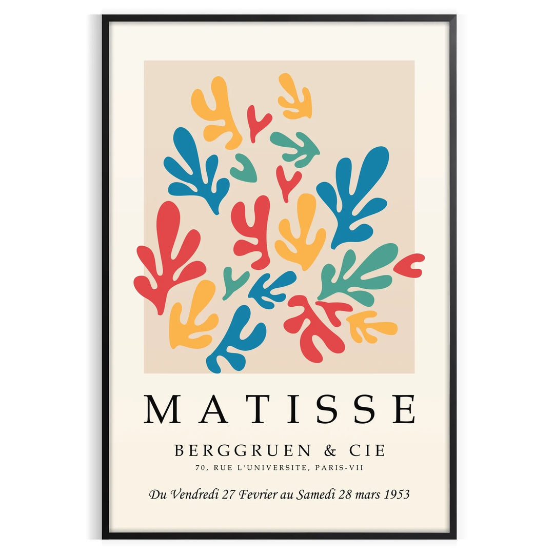 Poster showing colorful abstract paper cutouts in Matisse style artwork