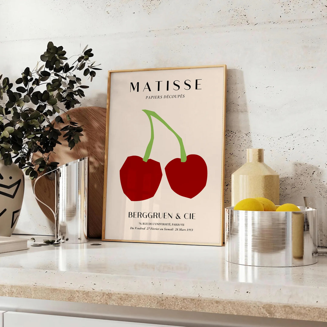 Abstract shapes and bold colors in Matisse's graphic art style - styled on a counter with eucalyptus and a bowl of lemons