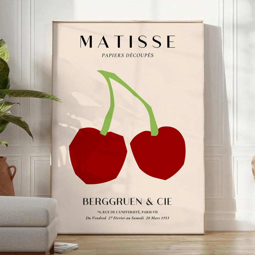 Abstract shapes and bold colors in Matisse's graphic art style - in a bright minimalist room with a plant and an armchair