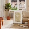 Henri Matisse paper cutouts in abstract shapes with gray and orange tones - in a Parisian living room with a sofa and a fig plant