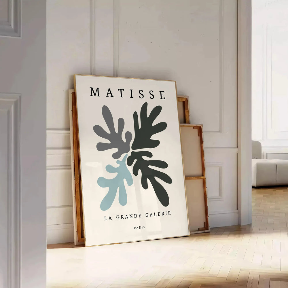 Gray and white Matisse papier découpé abstract poster in modern style.