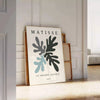 Gray and white Matisse papier découpé abstract poster in modern style. - leaning on a herringbone floor against a white panelled wall