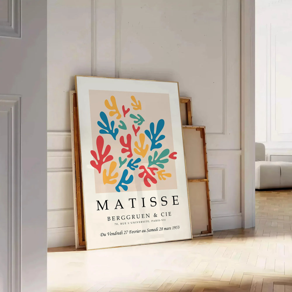 Poster showing colorful abstract paper cutouts in Matisse style artwork