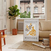 Poster showing Matisse-style papier découpés with bold colorful abstract shapes - in a Parisian living room with a sofa and a fig plant