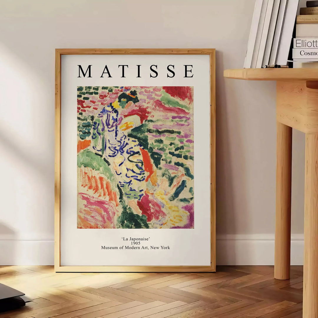 Abstract composition with bold colors and shapes inspired by Matisse - beside a round wooden side table with books
