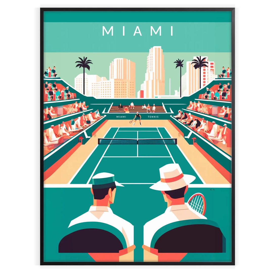 Art Deco style poster featuring a tennis player in Miami