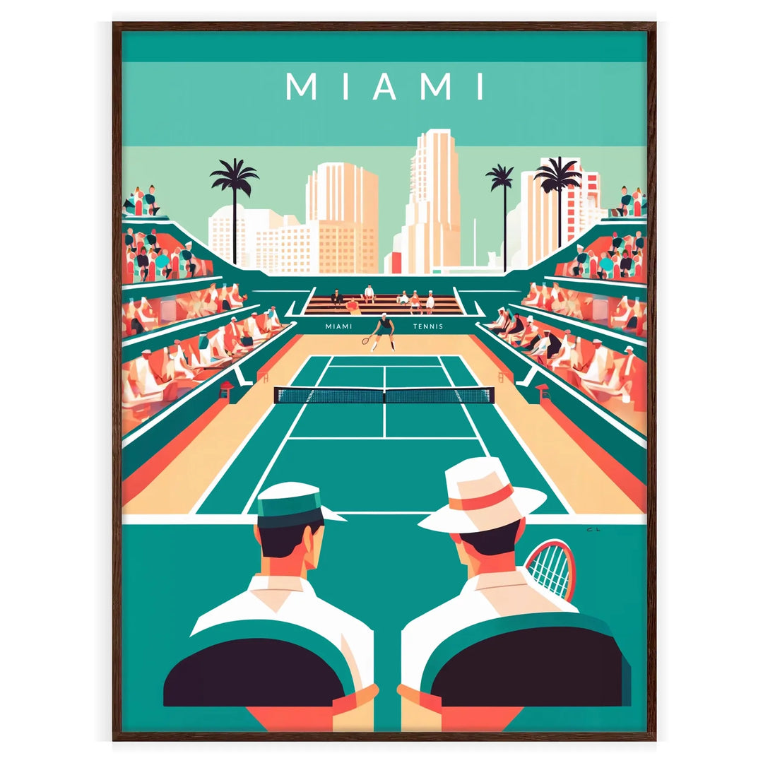 Art Deco style poster featuring a tennis player in Miami - in a walnut frame