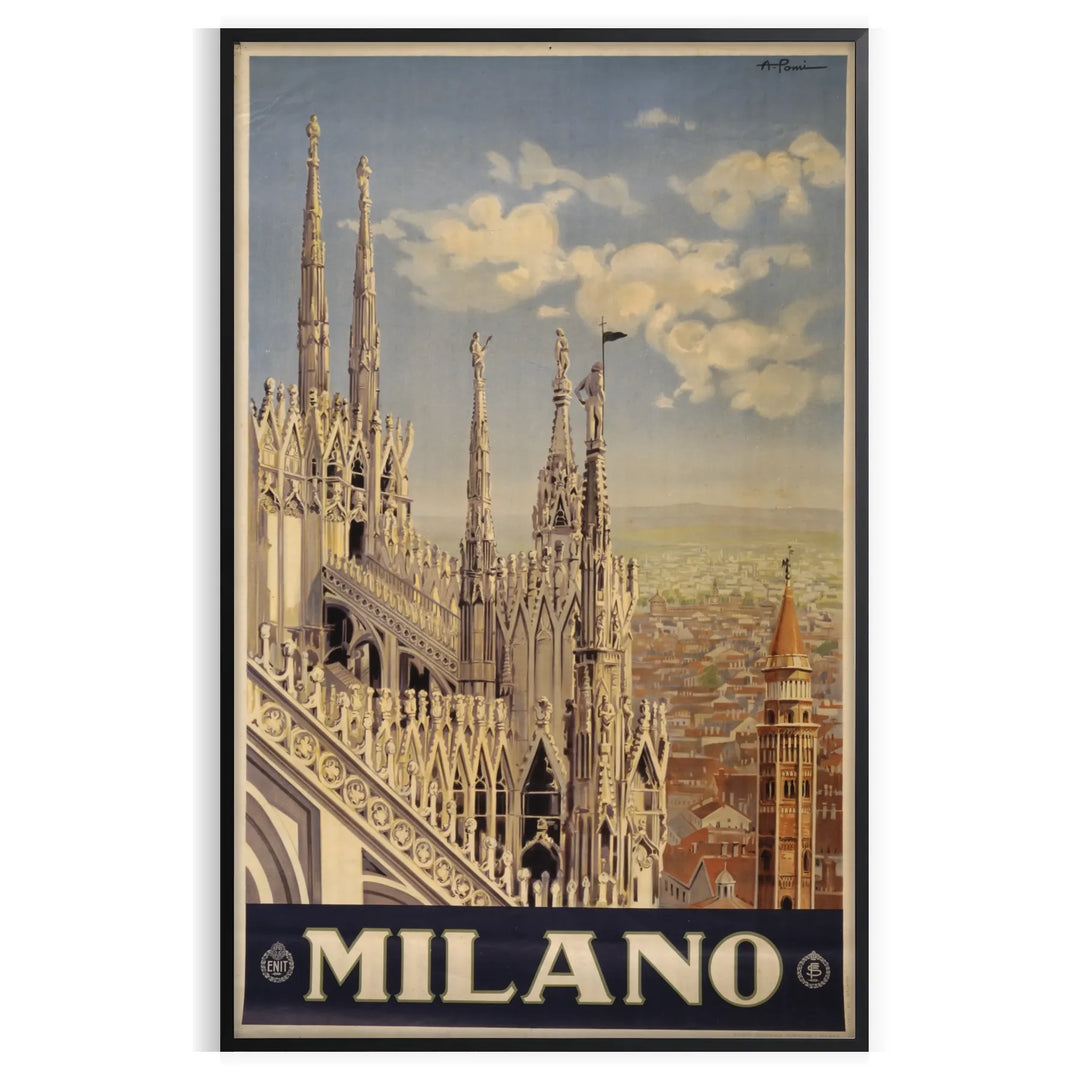 Stylized illustration of Milan's skyline with bold black and green colors